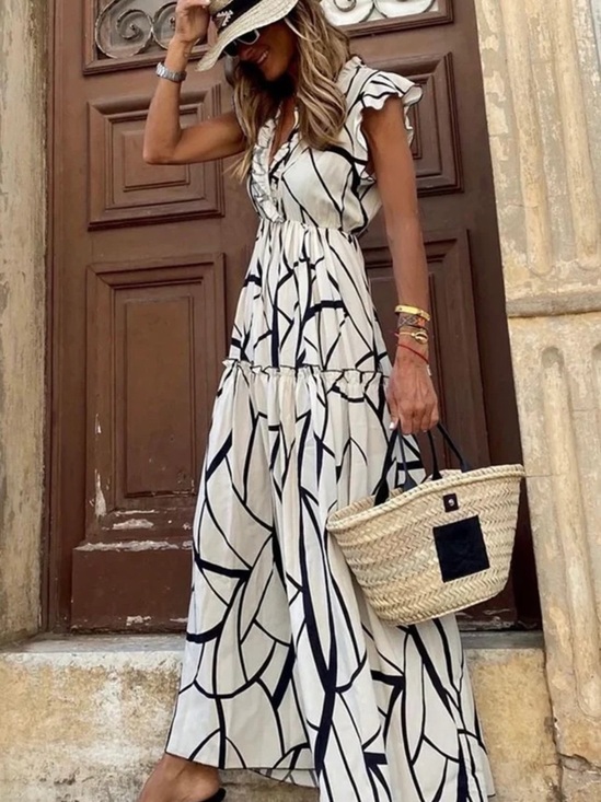 Maison De Mabry Dresses & Skirts - Chic Maxi Dress with Black Abstract Line Print